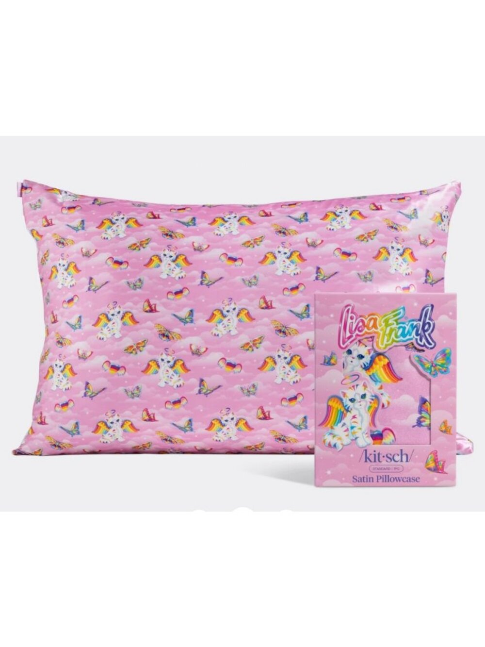 Lisa Frank Kitsch Pink Satin Pillowcase Rainbow Angel Kitty Butterflies New NIB